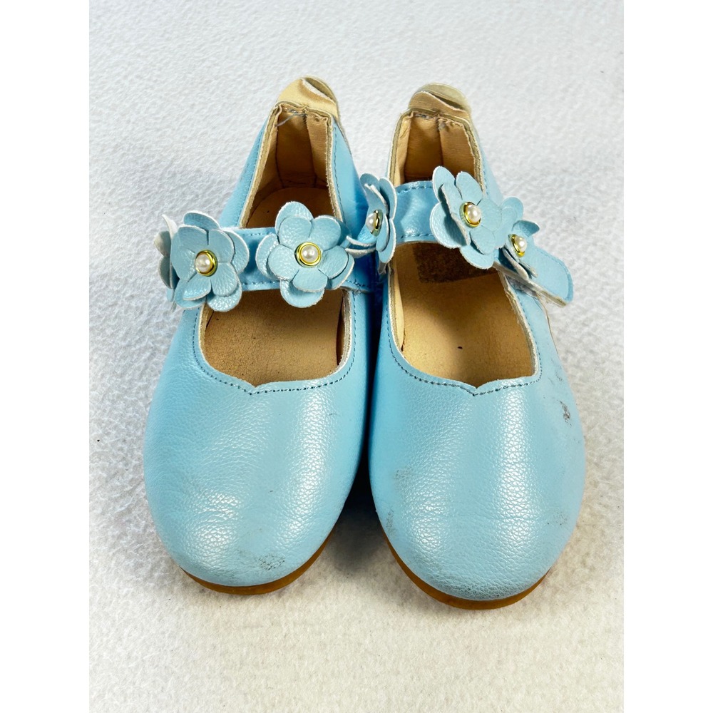 Girls Light Blue Floral Mary Jane Dress Shoes Faux Pearl Strap Sze 11 Kids EU 28